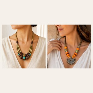 Peut inclure: Deux colliers pr&eacute;sent&eacute;s c&ocirc;te &agrave; c&ocirc;te. Le collier de gauche comporte des perles en bois brun fonc&eacute;, des entretoises cylindriques dor&eacute;es et une pierre turquoise centrale. Celui de droite pr&eacute;sente des perles orange vif et un pendentif argent&eacute;.