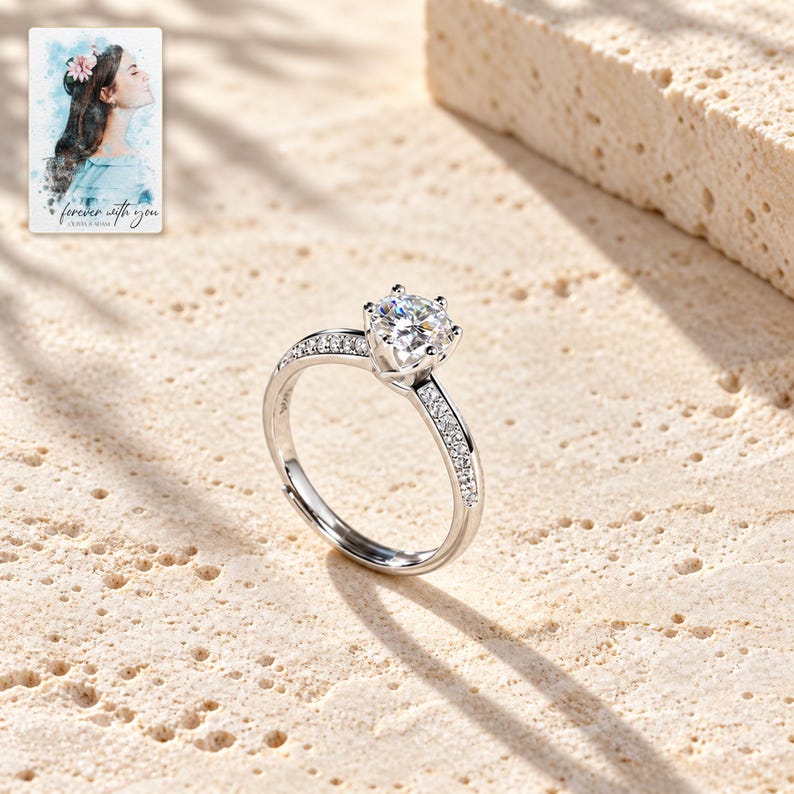 Moissanite Solitaire Ring, shown in natural light. A sample personalized digital greeting card is shown alongside.