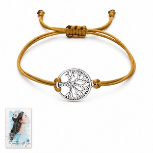 Tree of Life Cord Bracelet, shown against a light background. A sample personalized digital greeting card is shown alongside.