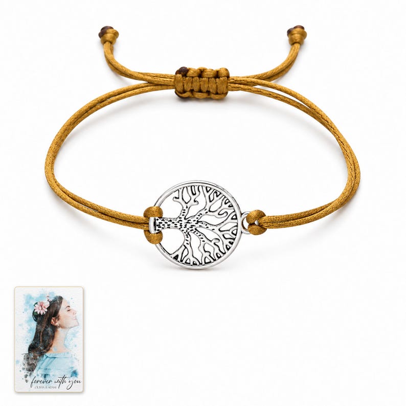 Tree of Life Cord Bracelet, shown against a light background. A sample personalized digital greeting card is shown alongside.