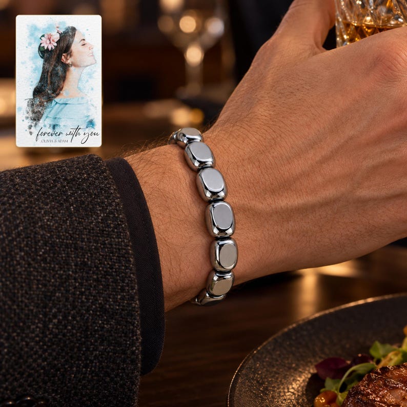 Metallic Grey Bead Bracelet, human lifestyle view. A personalized digital greeting card is shown alongside.