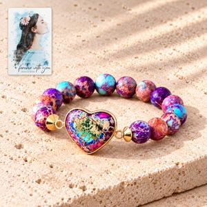 Imperial Mosaic Heart Bracelet shown as the main Etsy hero photograph with a clear view of the complete design. A personalized digital greeting card is shown alongside.