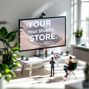 May include: A large computer monitor displays the text "YOUR Your Shopify STORE." on a white table. Miniature figures and a laptop are on the table. Potted plants and a window are in the background.