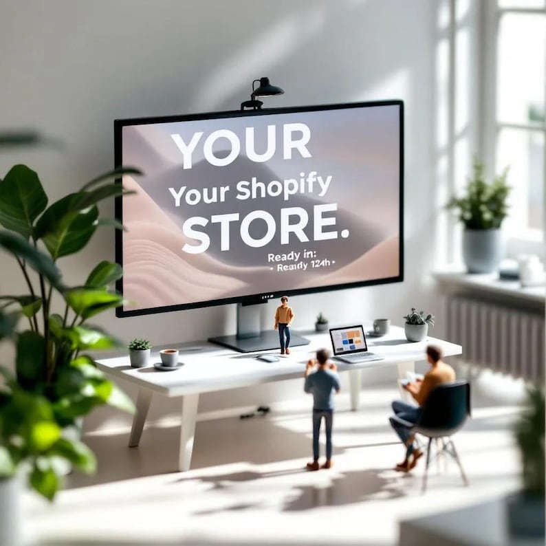 May include: A large computer monitor displays the text "YOUR Your Shopify STORE." on a white table. Miniature figures and a laptop are on the table. Potted plants and a window are in the background.
