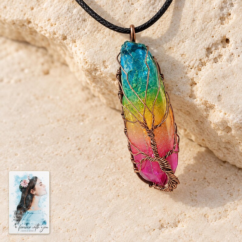 Rainbow Tree Stone Necklace, shown on a display surface. A sample personalized digital greeting card is shown alongside.