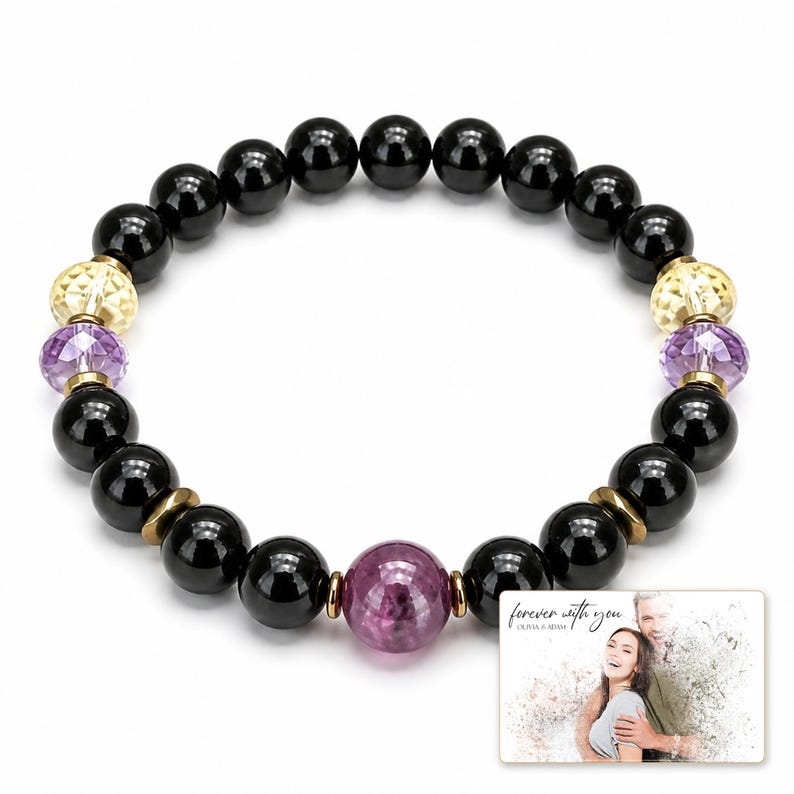 Violet Dusk Bead Bracelet shown during a believable gift-giving moment between adults with the exact jewelry visible.