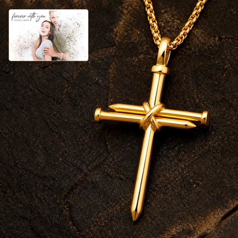 Forged Faith Nail Cross Necklace shown during a warm gift-receiving moment between adults with the exact jewelry visible.