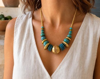 Gray and Rose Gold Tone Statement Beaded Necklace, Layered Boho Jewelry