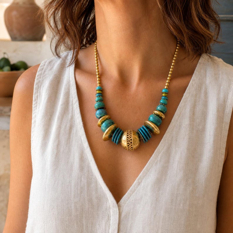 Gray and Rose Gold Statement Beaded Necklace presented in an open jewelry gift box on natural linen