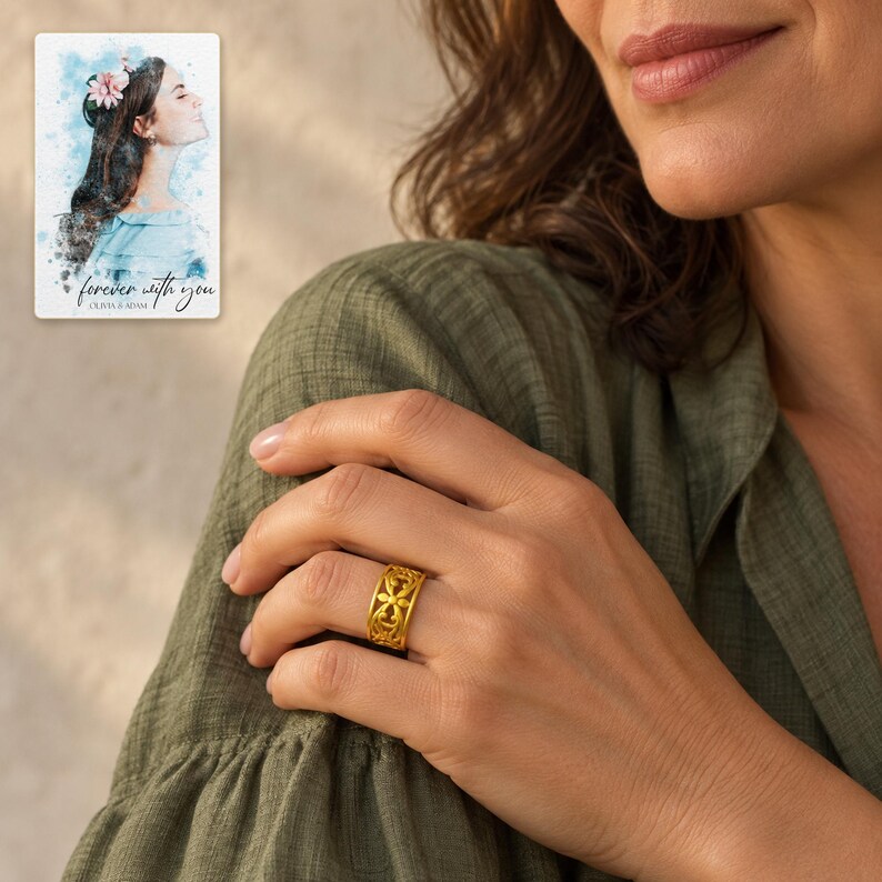 Golden Bloom Filigree Ring worn by an adult in a polished evening lifestyle scene. A personalized digital greeting card is shown alongside.