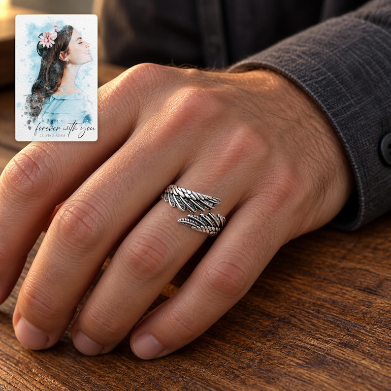 Angel Wings Wrap Ring, worn with evening clothing. A sample personalized digital greeting card is shown alongside.