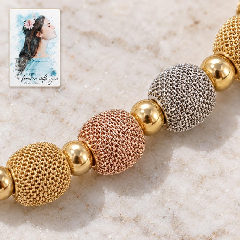 Metallic Bead Jewelry Suite shown in a close macro view highlighting the visible texture, texture and construction details. A personalized digital greeting card is shown alongside.