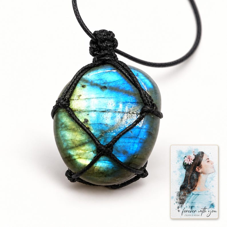 Labradorite Pendant Necklace, catalog view. A personalized digital greeting card is shown alongside.