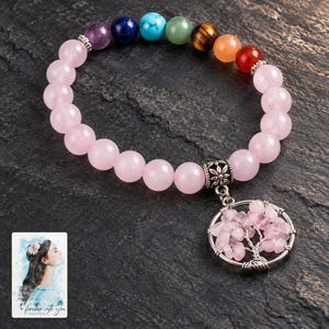 Pink Bead Tree Charm Bracelet, shown against a dark background. A sample personalized digital greeting card is shown alongside.