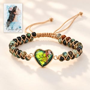Verdant Heart Woven Bracelet shown on a clean white catalog background for an unobstructed product view. A personalized digital greeting card is shown alongside.
