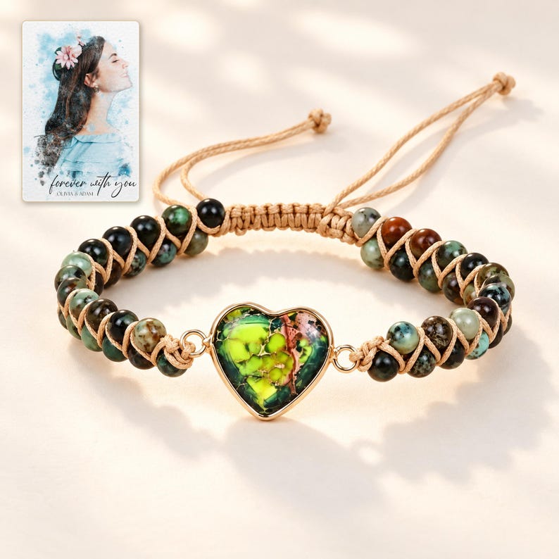 Verdant Heart Woven Bracelet shown on a clean white catalog background for an unobstructed product view. A personalized digital greeting card is shown alongside.