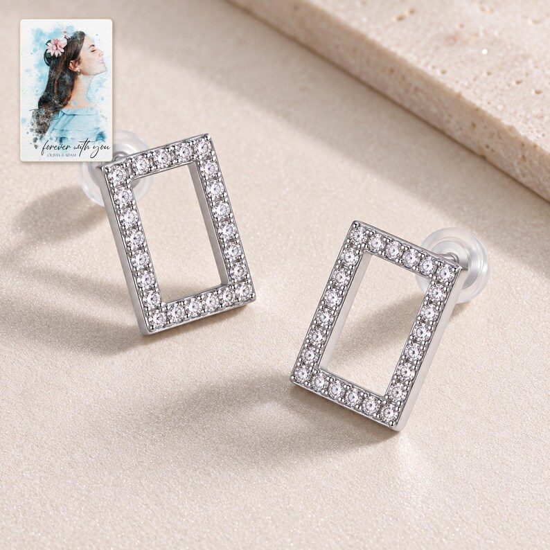 Rectangle Moissanite Stud Earrings, close-up of the details. A sample personalized digital greeting card is shown alongside.