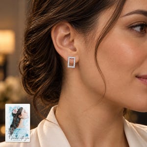 Rectangle Moissanite Stud Earrings, worn with evening clothing. A sample personalized digital greeting card is shown alongside.