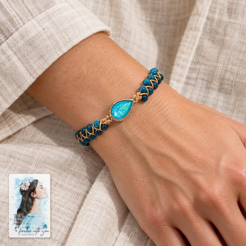 Blue Teardrop Cord Bracelet, worn by an adult. A sample personalized digital greeting card is shown alongside.