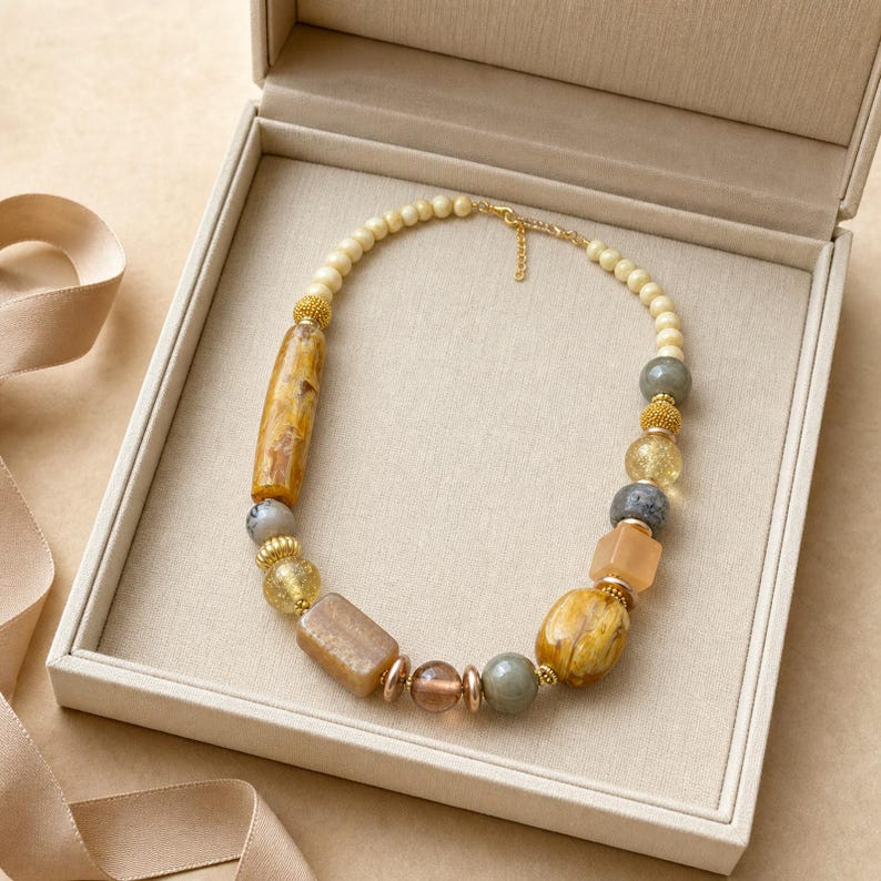 May include: A beaded necklace featuring a mix of smooth, cylindrical, and spherical beads in shades of amber, tan, gray, and translucent gold. The design incorporates small gold-toned spacers between the beads, creating a varied texture and color palette.