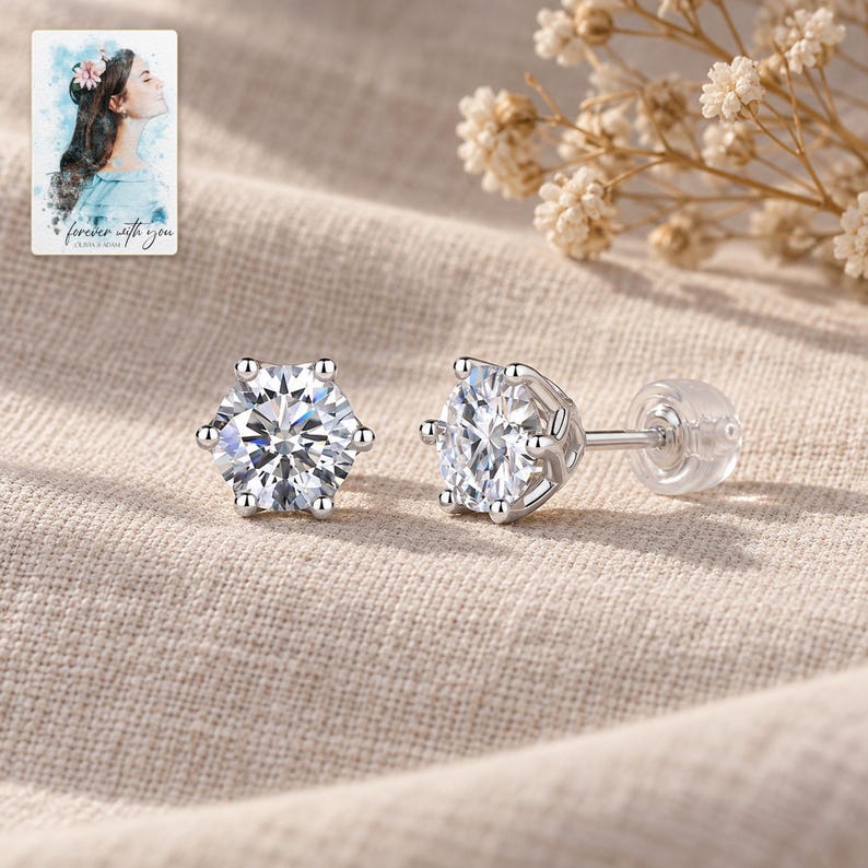 Moissanite Stud Earrings, laid on fabric. A sample personalized digital greeting card is shown alongside.