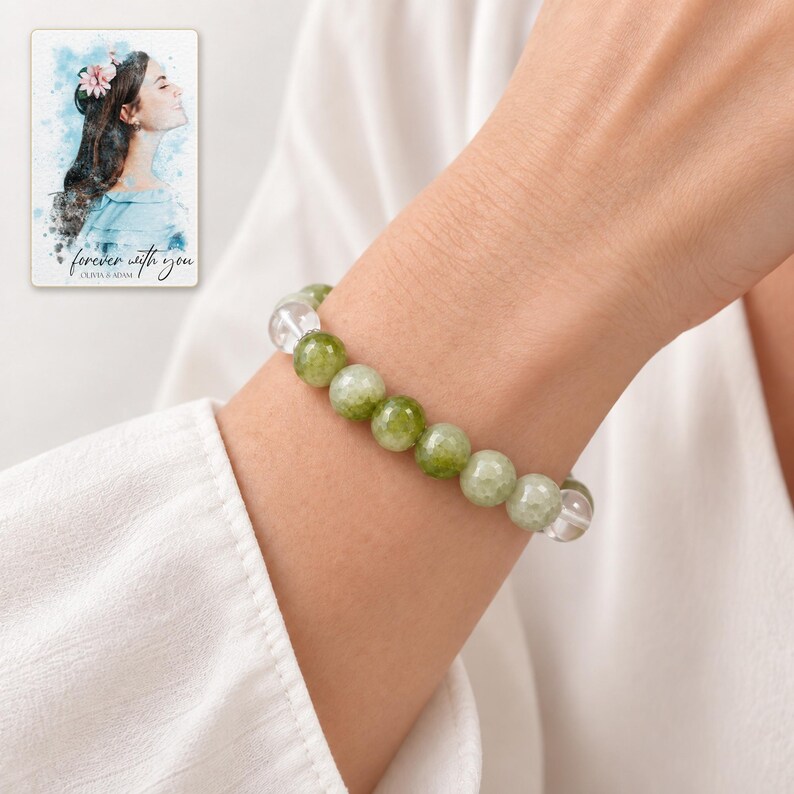 Forest Dew Bead Bracelet worn by an adult model for styling and everyday styling. A personalized digital greeting card is shown alongside.