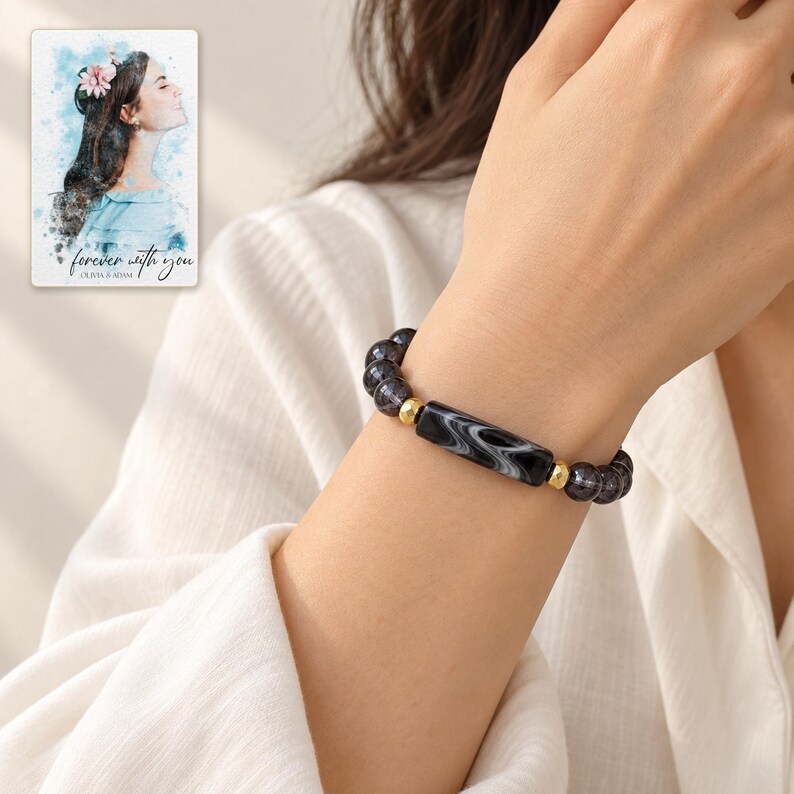 Midnight Marble Bar Bracelet worn by an adult model for styling and everyday styling. A personalized digital greeting card is shown alongside.