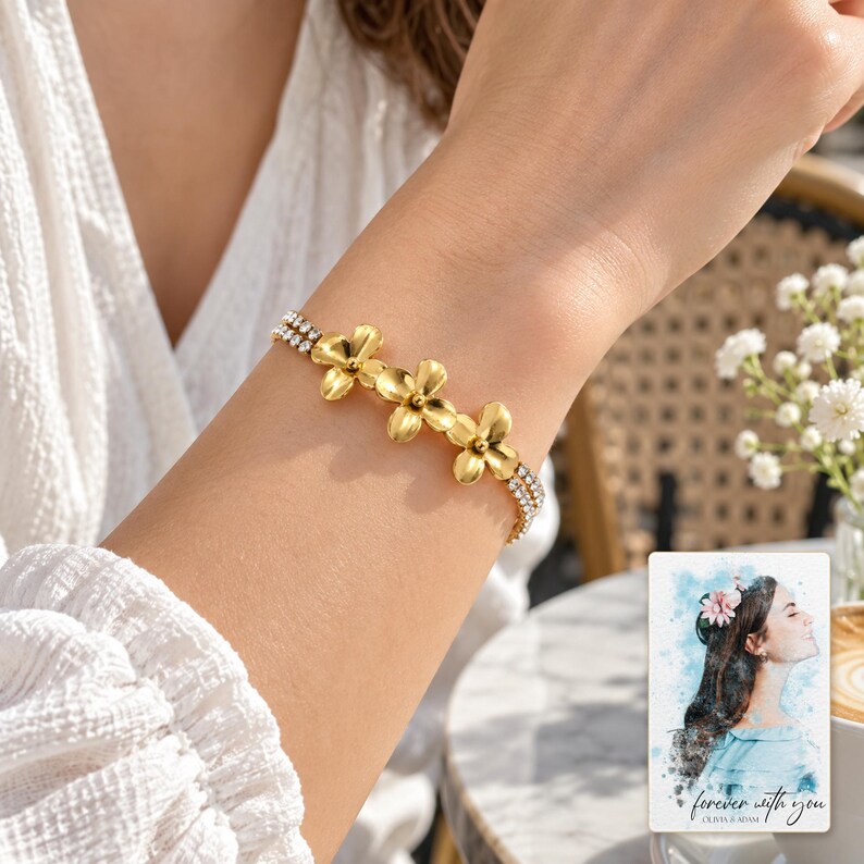 Gold Tone Flower Bracelet, human lifestyle view. A personalized digital greeting card is shown alongside.