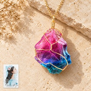 Rainbow Stone Necklace, shown on a display surface. A sample personalized digital greeting card is shown alongside.