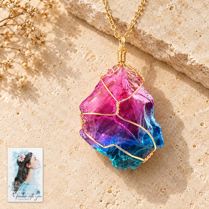 Rainbow Stone Necklace, shown on a display surface. A sample personalized digital greeting card is shown alongside.