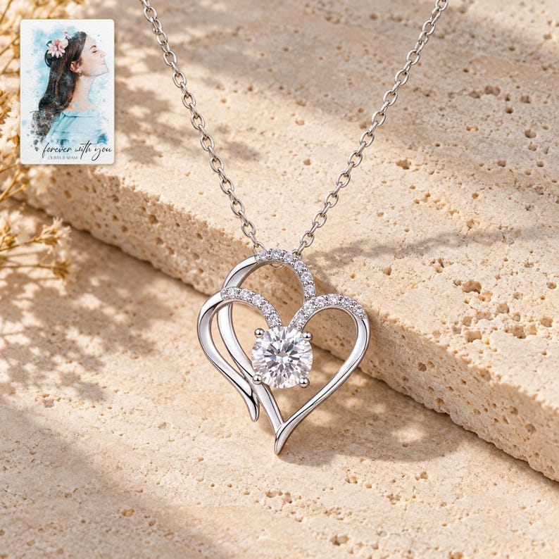 Double Heart Pendant Necklace, shown in natural light. A sample personalized digital greeting card is shown alongside.