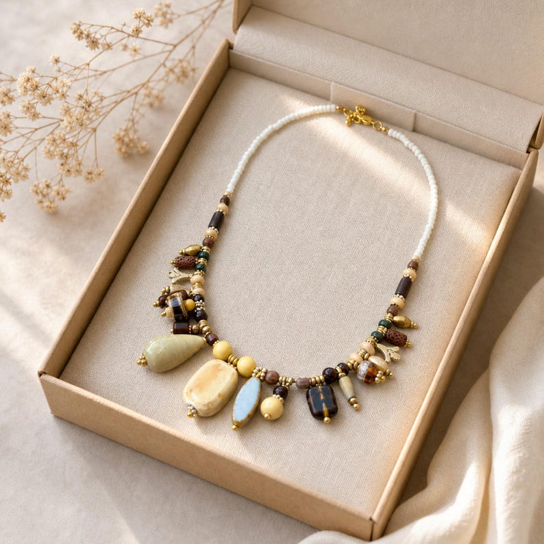 K&ouml;nnte beinhalten: Eine Halskette mit einem wei&szlig;en Perlenstrang, akzentuiert durch eine Vielzahl mehrfarbiger Perlen in Braun-, Beige-, Blau- und Gr&uuml;nt&ouml;nen, durchsetzt mit kleinen goldfarbenen Metallabstandshaltern und h&auml;ngenden Anh&auml;ngern in einer beigen Schachtel.