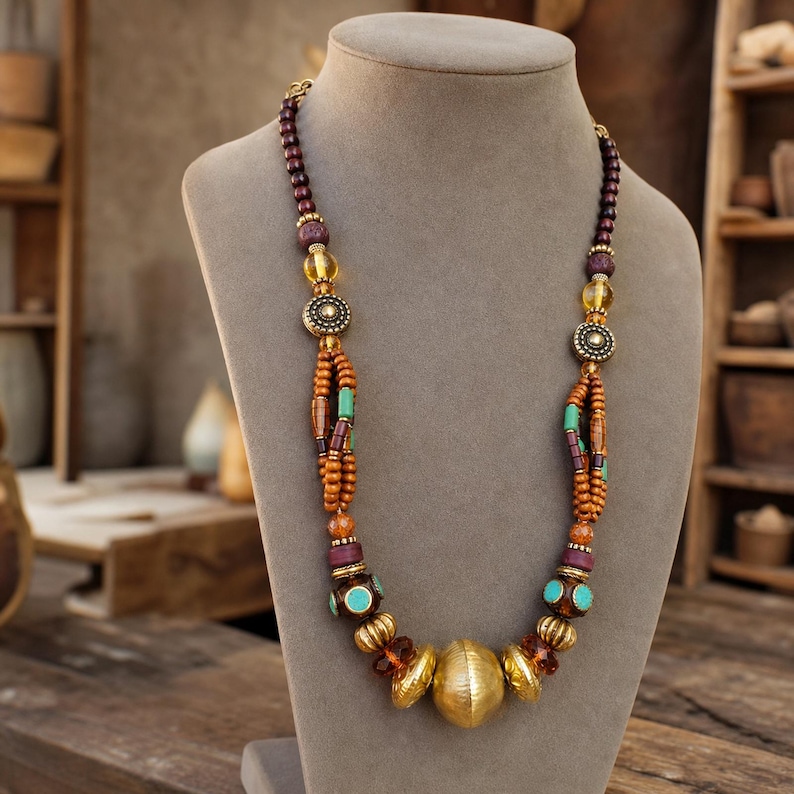 Rose Gold and Brown Statement Beaded Necklace shown individually as a coordinating option for the mix and match necklace set