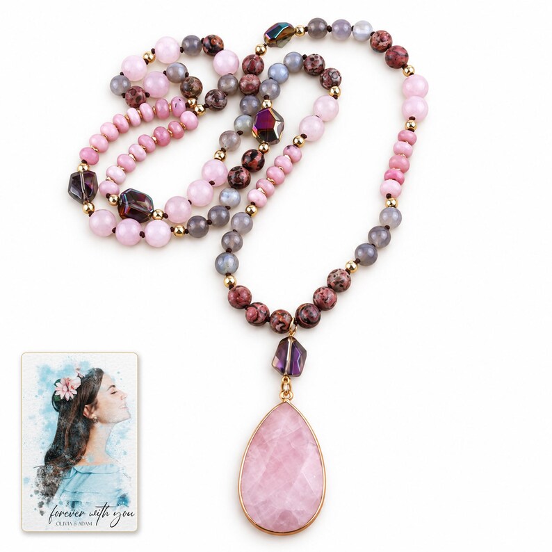 Full Pink option bead necklace on white, showing the gold-tone pendant rim, purple connector and mixed-color strand. A personalized digital greeting card is shown alongside.