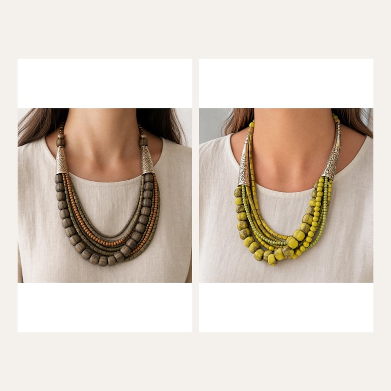 Pu&ograve; includere: Due collane a pi&ugrave; fili con perline di legno nei toni del marrone e del verde lime. Ogni collana include terminali conici in metallo argentato con intricati motivi in rilievo, che collegano i fili di perline a un punto centrale.