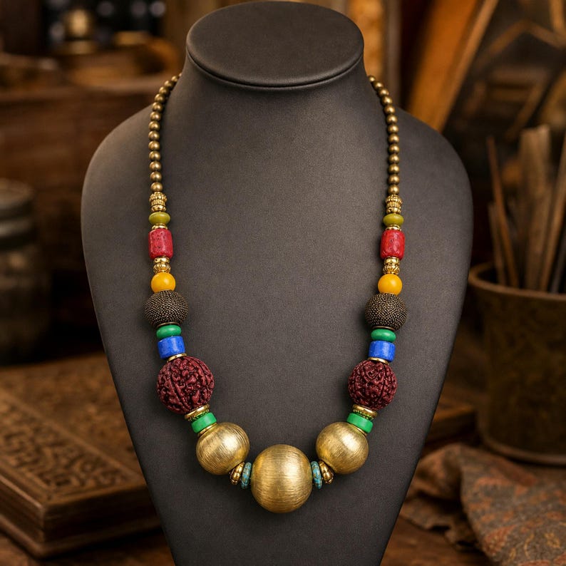 Bold multicolor carved bead and brushed gold sphere necklace worn with an ivory linen top in warm natural window light