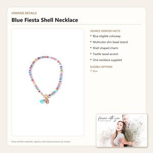 May include: A necklace featuring a strand of multicolored slim beads, a gold-toned toggle clasp, a shell-shaped charm, and a small light blue textile tassel. The product is labeled as Blue Fiesta Shell Necklace with verified details and source facts.