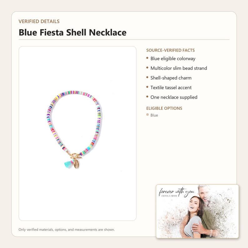 May include: A necklace featuring a strand of multicolored slim beads, a gold-toned toggle clasp, a shell-shaped charm, and a small light blue textile tassel. The product is labeled as Blue Fiesta Shell Necklace with verified details and source facts.