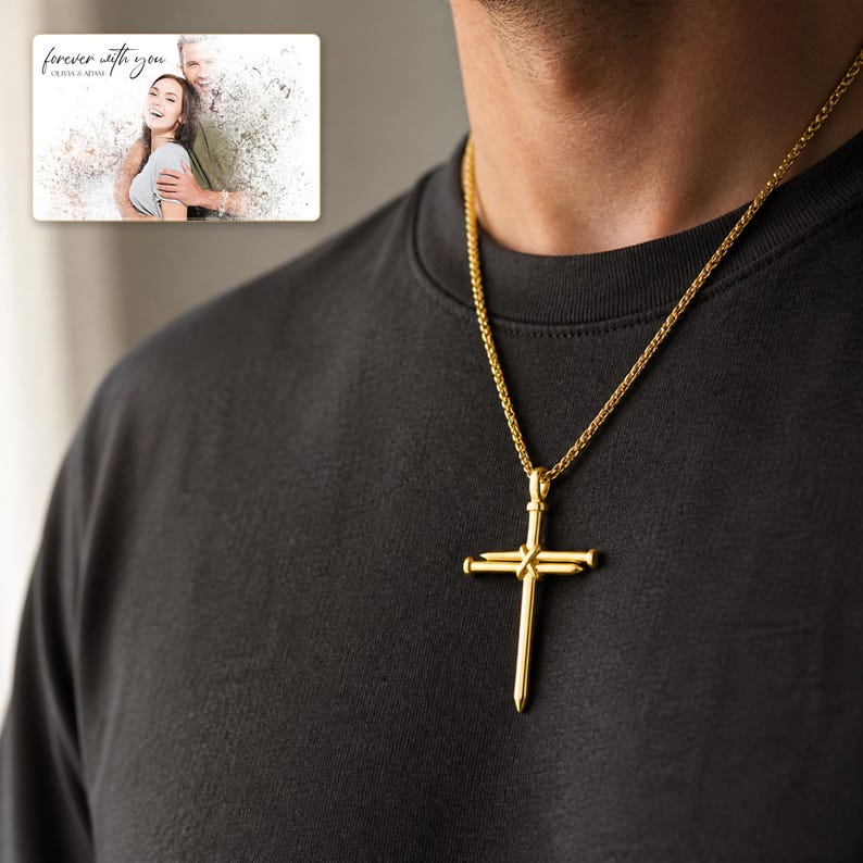 Forged Faith Nail Cross Necklace worn by an adult in a polished evening lifestyle scene.
