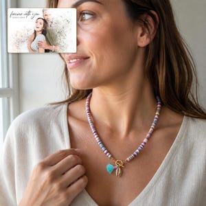 Blue Fiesta Shell Necklace worn by an adult in a polished evening lifestyle scene.