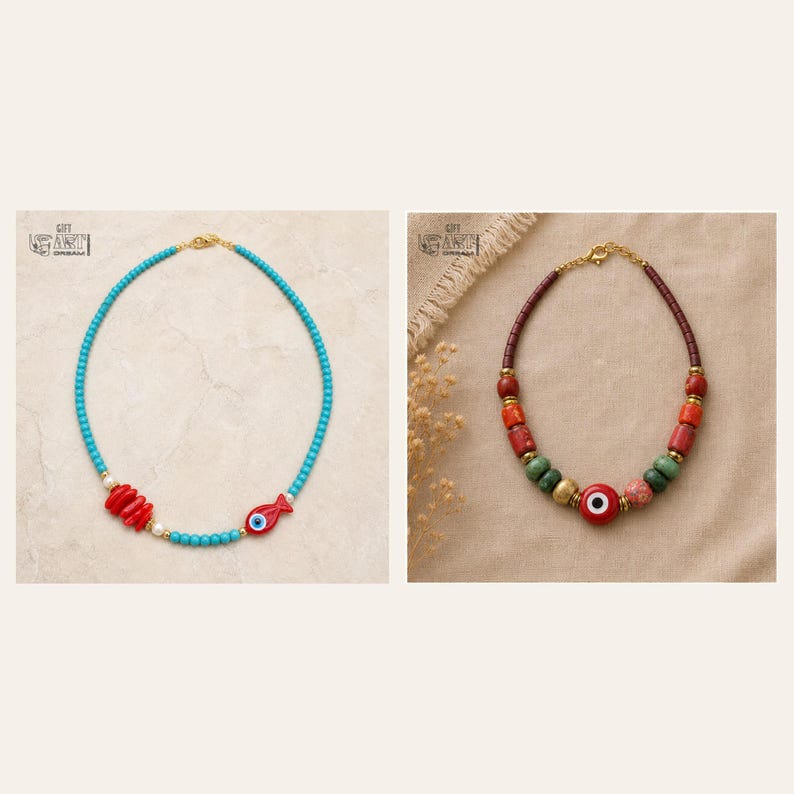 Puede incluir: Dos collares. El collar izquierdo tiene peque&ntilde;as cuentas turquesas, un grupo de cuentas cil&iacute;ndricas rojas y un dije de pez rojo con un ojo azul. El collar derecho tiene cuentas de color rojo oscuro, verde y dorado con un amuleto de ojo turco rojo.