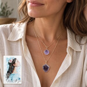 Layered Shield Necklace, worn lifestyle view. A personalized digital greeting card is shown alongside.