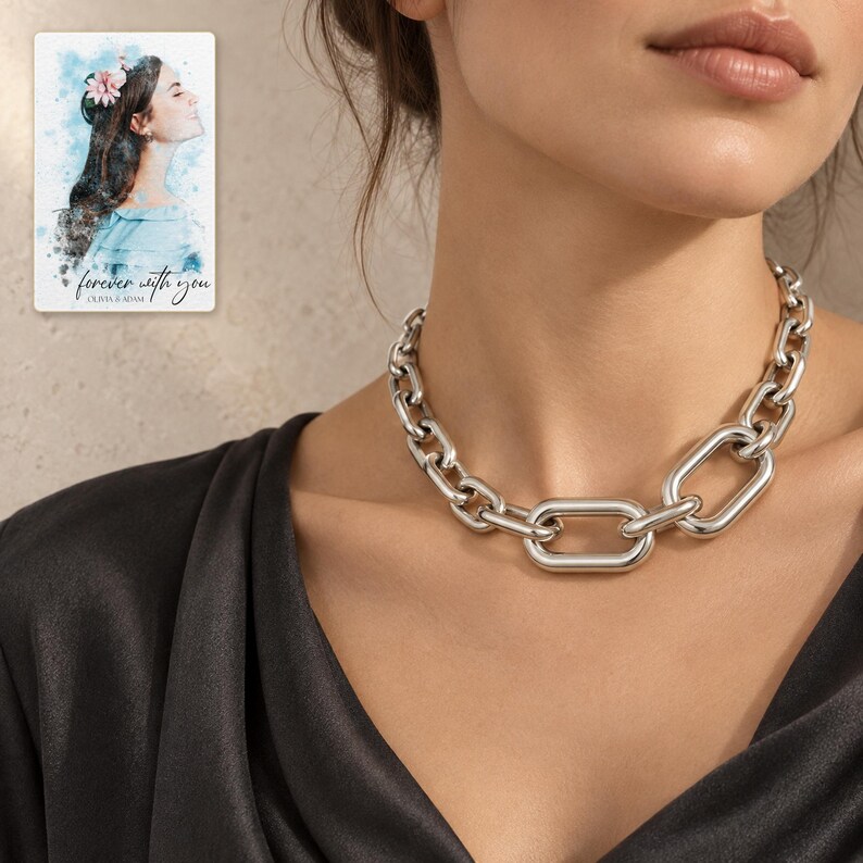 silver tone Arc Statement Choker worn by an adult in a polished evening lifestyle scene. A personalized digital greeting card is shown alongside.