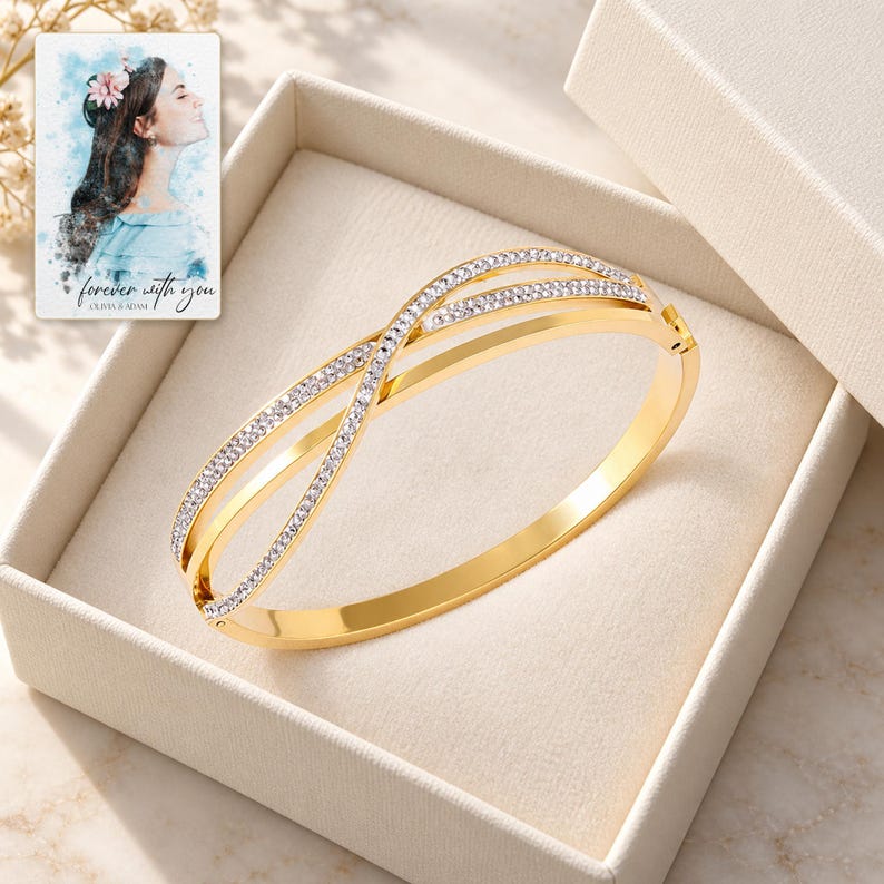 Crossover Bangle Bracelet, displayed in a presentation box. A sample personalized digital greeting card is shown alongside.