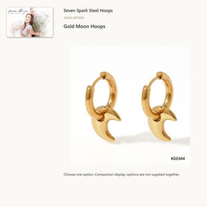 Gold tone crescent. Charm Hoop Earrings. A personalized digital greeting card is shown. Select the pictured option when ordering.