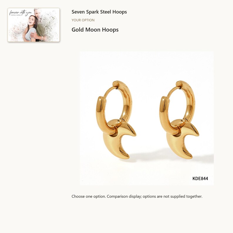 Gold tone crescent. Charm Hoop Earrings. A personalized digital greeting card is shown. Select the pictured option when ordering.