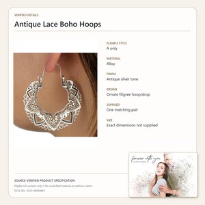 K&ouml;nnte beinhalten: Ein Paar Creolen aus einer silberfarbenen Legierung im Antik-Look mit einem verzierten Filigran-Design. Die Ohrringe sind als Antique Lace Boho Hoops gekennzeichnet und werden als passendes Paar geliefert. Das Design zeigt komplexe Ausschnitte.