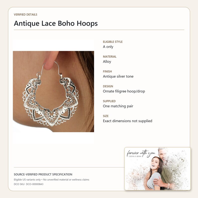 K&ouml;nnte beinhalten: Ein Paar Creolen aus einer silberfarbenen Legierung im Antik-Look mit einem verzierten Filigran-Design. Die Ohrringe sind als Antique Lace Boho Hoops gekennzeichnet und werden als passendes Paar geliefert. Das Design zeigt komplexe Ausschnitte.