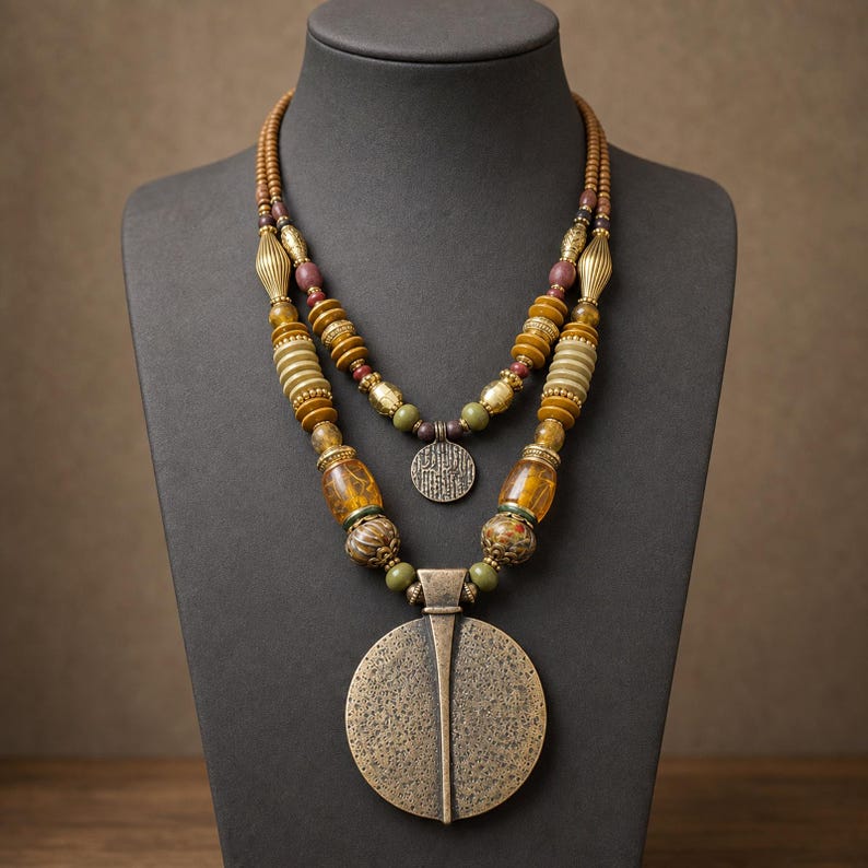 Silver and Bronze Statement Beaded Necklace shown individually as a coordinating option for the mix and match necklace set