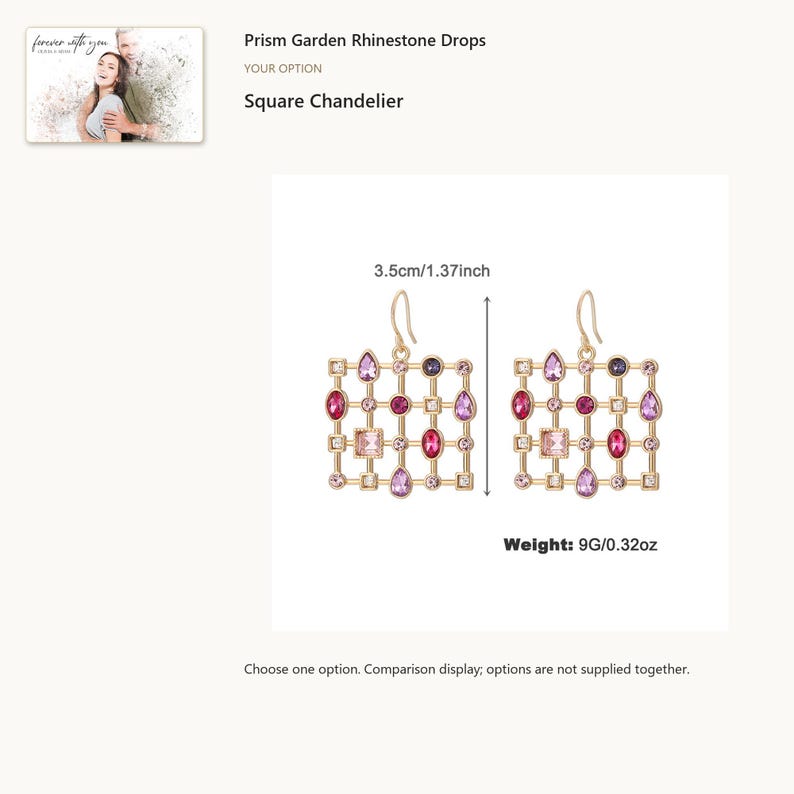 Square Chandelier. Colorful Rhinestone Drop Earrings. A personalized digital greeting card is shown. Select the pictured option when ordering.